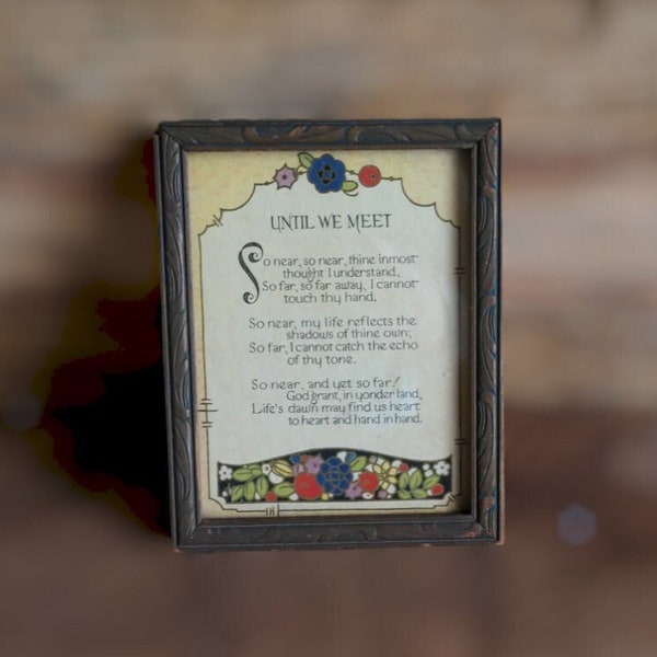 FREE SHIPPING Antique Art Deco Victorian MOTTO Print "Until We Meet" Carved Wood Period Picture Frame
