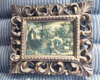 Reduced FREE Shipping Vtg Ornate SYROCO Style Framed Outdoor Landscape Pastoral Print Small Dark Gold Tone Picture FRAME