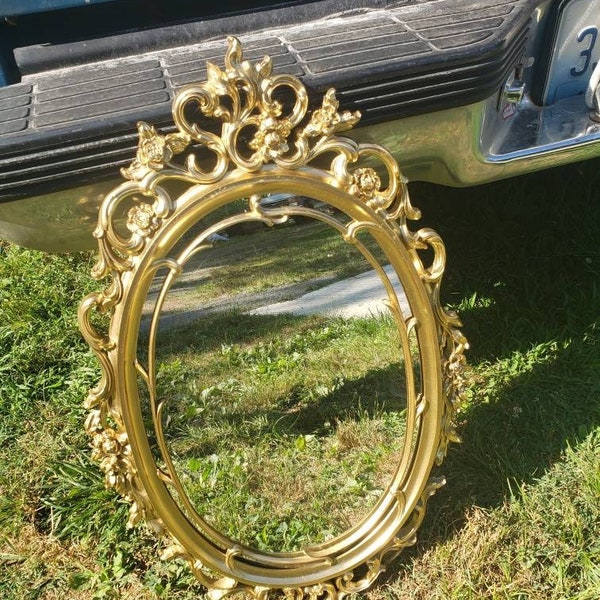 Free Shipping, Vtg Mid Century LARGE Ornate Syroco Gold Tone Floral Scroll Bevel Look Oval Wall MIRROR, Hollywood Regency, 29" x 18"