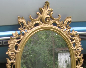 FREE SHIP Vtg Mid Century Gold Victorian Floral Scroll Designs Syroco Style Wall Mirror, Dart, Hollywood Regency, 31" x 20"