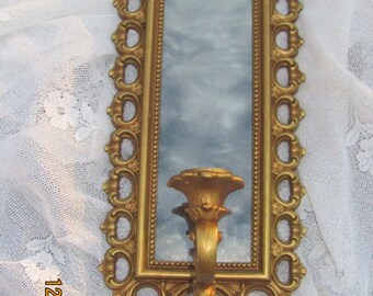 FREE SHIPPING Vtg Ornate Gold Syroco Style Victorian Scroll Look Framed Smoky Mirror Candle Holder Wall Sconce, Hollywood Regency