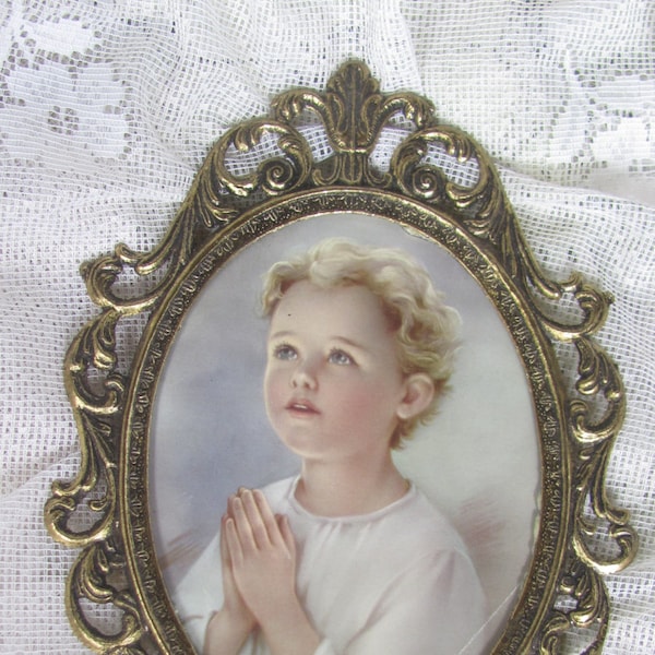 REDUCED FREE Shipping Vtg Ornate Antique Brass FLAT Glass Framed Young Boy Praying Print Victorian Look Gold Metal Picture Frame, Italy