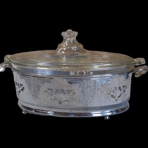 REDUCED FREE SHIPPING Vtg Mid Century Pyrex Three Piece Etched Glass Lid Metal Stand Casserole Serving Dish