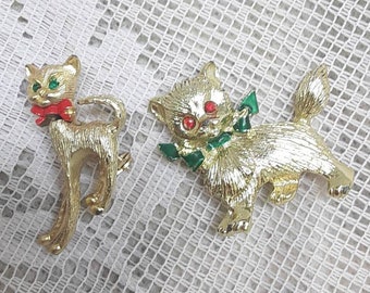 REDUCED FREE SHIPPING Vtg Pair Gold Tone Faux Jewel Rhinestones Fancy Christmas Kitty Cat Pins Brooches