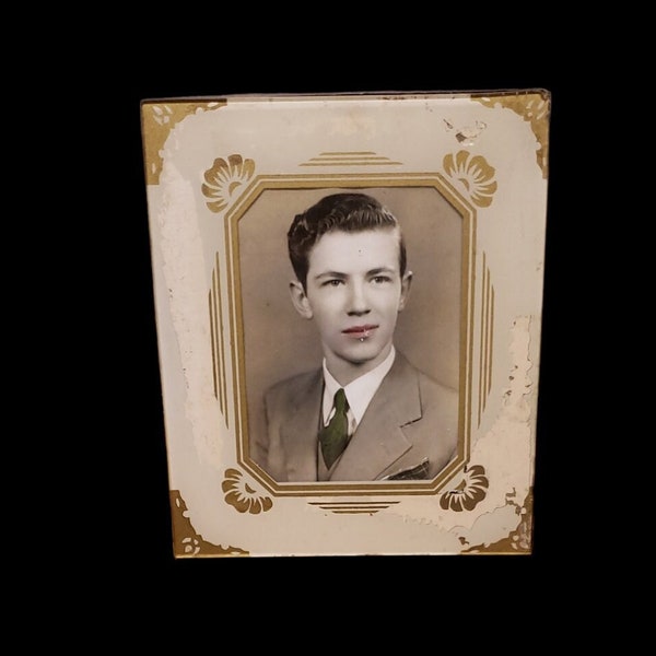 FREE SHIPPING Vtg Antique Look Reverse Glass Framed Young Man Portrait Print Shabby aged Picture Frame