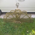 REDUCED FREE SHIP Vtg Antique Brass Ornate Victorian Cupid Angel Designs Shabby Gold Metal Folding Peacock Fan Fireplace Screen, 46