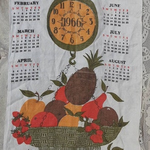 FREE SHIPPING Vtg 1966 Mid Century Fruit Fall Colors Folk Art Wall Hanging Calendar Dish Tea Towel
