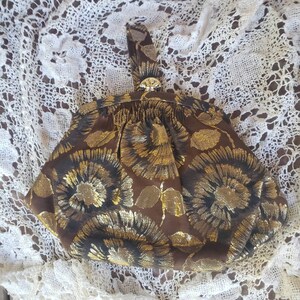 REDUCED FREE SHIPPING Vtg Mid Century Gold Lame Look Leaf Designs Brown Tone Cocktail Evening Bag Mirror Coin Purse, Crown Lewis