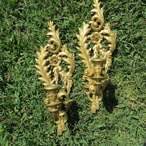 REDUCED FREE SHIP Vtg Pair Ornate Victorian Floral Scroll Tassel Designs Syroco Style Candle Holder Gold Wall Sconces,  Hollywood Regency
