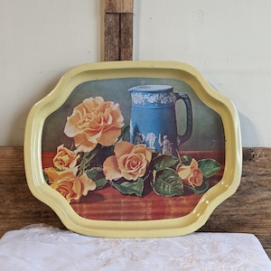 FREE SHIPPING Vtg Tin Metal Floral Pink Roses Flowers Serving Tray, 11 x 16
