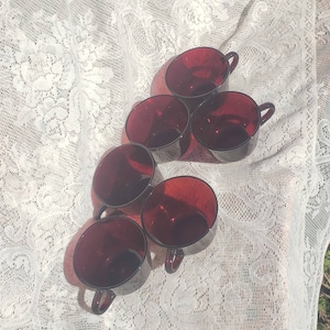 Reduced FREE SHIPPING Vtg Mid Century LOT of 6 Ruby Red Glass Coffee Tea Cups