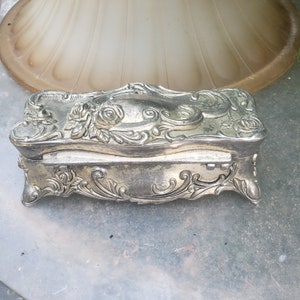 REDUCED FREE SHIP Vtg Antique Look Cast Metal Matson Roses Style Silver Tone Victorian Scroll Designs Footed Jewelry Vanity Trinket Box