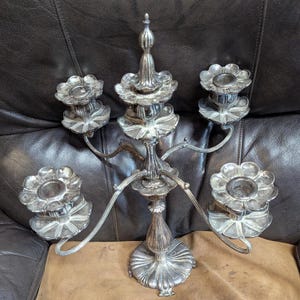FREE SHIPPING Vtg Shabby Silver Metal Flower Petal Designs Multi Function Single Candle Holder 4 or 5 Arm Candelabra