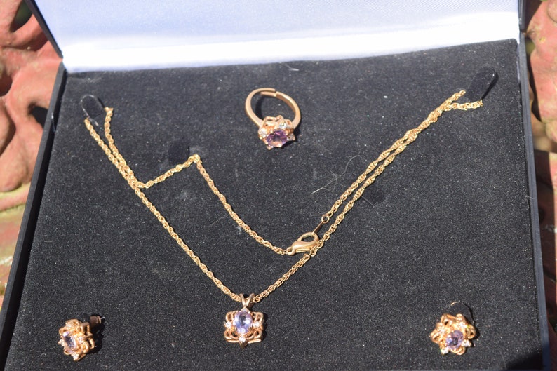 Earring and Ring Parure Set FREE SHIPPING Vtg Mid Century BuGor Faux Diamond Ameyhyst Stones Gold Tone Necklace