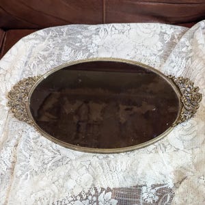 FREE SHIPPING Vtg Gold Tone Victorian Floral Rose Designs Fancy MATSON Metal Vanity Mirror Dresser Tray, 16 x 9.25