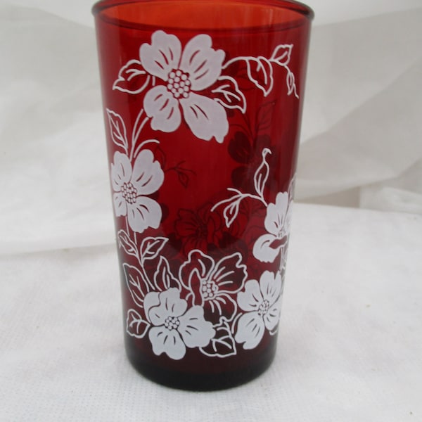 REDUCED Vtg Mid Century Ruby Red Glass White Floral Flower Designs 4.75" Tall Drinking Glass, 8 Available