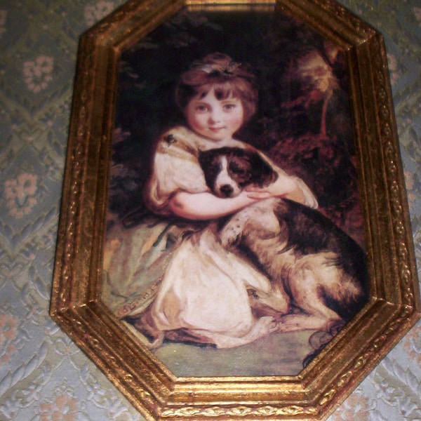 REDICED FREE SHIPPING Vtg Mid Century Gold Tone Framed Young Girl Dog Print Italian Tole Wood Octagonal Florentine Picture Frame, Italy