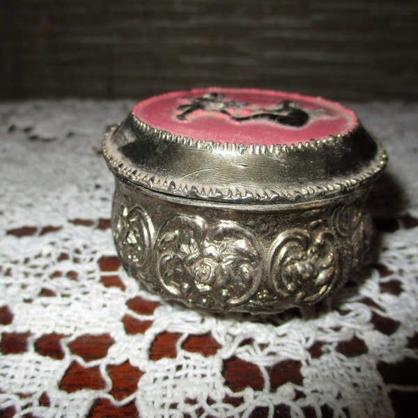 REDUCED Antique Look Small Cast Metal Repousse Silver Cupid Angel Victorian Designs Tri Footed Jewelry Casket Vanity Trinket Box