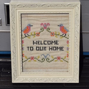 REDUCED FREE SHIP Vtg Antique Look Victorian Scroll Designs Framed Welcome To Our Home X Stitch Motto Syroco Style Easel Back Picture Frame