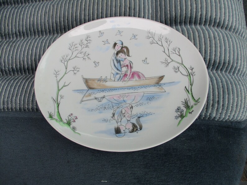 Made Germany REDUCED Vtg Antique Look Young Couple Canoe Water Reflections Design Collectible Porcelain German Plate Rosenthal