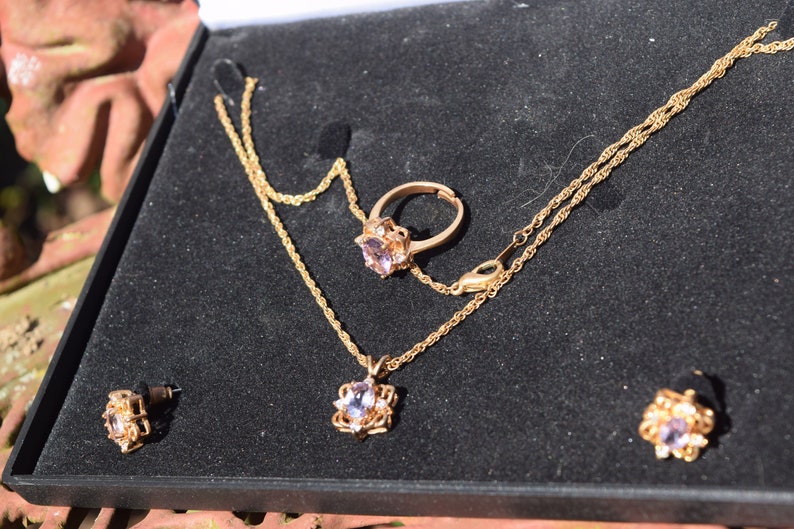 Earring and Ring Parure Set FREE SHIPPING Vtg Mid Century BuGor Faux Diamond Ameyhyst Stones Gold Tone Necklace