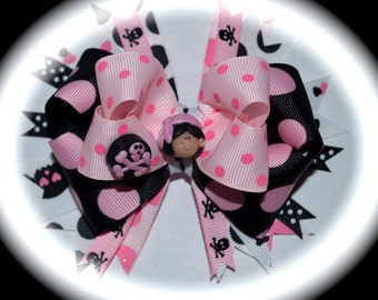 Pirate Princess Pink Black Polka Dot Custom Boutique toddlers girls Polymer Clay Hair Bow OOAK