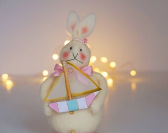 Sweet Soft Bunny Rabbit, Pure Wool Felt Bunny Rabbit, handmade rabbits, unique Easter Bunnies, Handmade Bunnies, Bunny holding Toy Boat