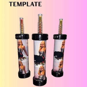 May include: Three hookah label templates with a woman's image, black and white text, and a black base. The labels are cylindrical with a black top and a clear mouthpiece. The text "HOOKAH LABEL TEMPLATE" and "EDITABLE ON CANVA" are visible.