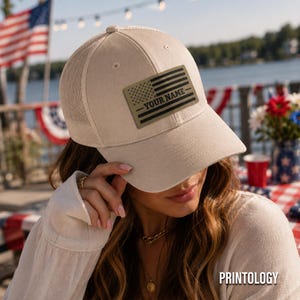 Custom Name US Flag Leather Patch Hat | Personalized American Flag Trucker Cap | Tan
