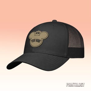 Custom Name Mouse Ears Leather Patch Hat, Personalized Vacation Trucker Cap | Tan