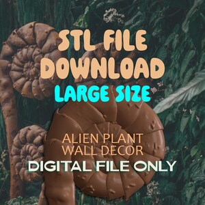 Op de afbeelding: Digitaal bestand voor een alien plant wanddecoratie. De afbeelding toont een bruin, spiraalvormig plantontwerp met de tekst "STL FILE DOWNLOAD LARGE SIZE" en "DIGITAL FILE ONLY" tegen een groene achtergrond.