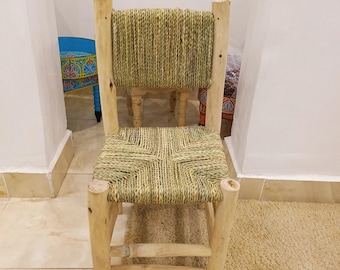 Chaise tissée en bois rustique faite main | Chaise en paille naturelle | Fauteuil d'appoint bohème campagnard | Meubles faits main de style marocain