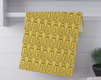 Salt and Pepper Shakers Design Kitchen Tea Towel, Mustard Yellow Hand-Drawn