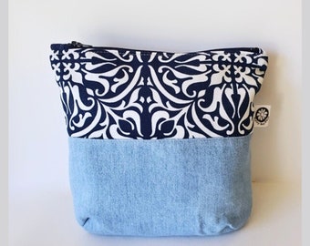 Cosmetic Pouch Bag in Blue and Denim - Medium Size 8" x 8.5", Zipper Closure, Machine Washable