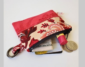 Floral Zippered Coin Purse in Red and Beige, Perfect Size for Small Items on the Go, Great Gift