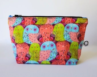 Colorful Owl Print Quilted Zippered Cosmetic Bag - Lined Cotton Makeup Pouch