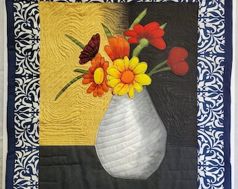 Floral Still Life Vase with Spring Flowers, Mixed Media Art Quilt, quilt wall art unique home decor textile art spring flowers white vase