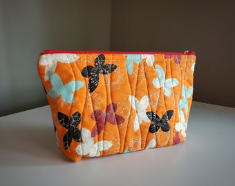 Quilted Cosmetic Bag, Butterfly Pattern - Medium Size Travel Pouch with zipper, Cosmetic Bag, project bag, Toiletries bag, fabric bag
