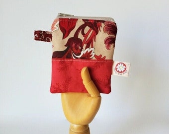 The Mini Mini Coin Pouch, Small Zippered Purse in Red and Beige Floral Print