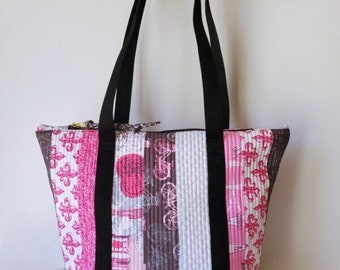 Paris Pink Quilted Tote - Zippered Bag - Medium 15 x 11, Patchwork Bag