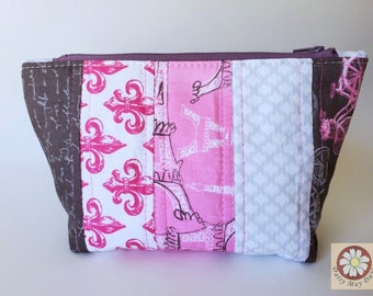 Pretty Paris Pink Quilted Cosmetic Bag - Medium Size Travel Pouch with Zipper, Toiletries bag, project bag, fabric bag