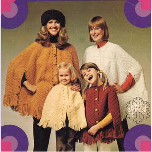 Patrón de crochet vintage, chales, capas y gorros, circa 1973, tallas para niños y adultos, patrón PDF instantáneo