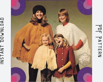 Vintage Häkelanleitung, Schal / Capes und Mütze, circa 1973, Kinder- und Erwachsenengröße, Instant PDF Pattern