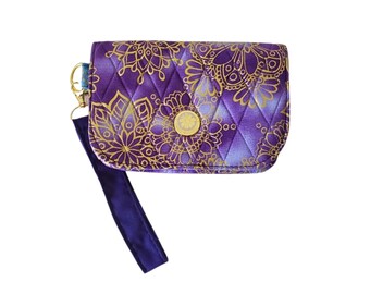 Mini Clutch Purse Bag, Wristlet, Handcrafted, Gold on Royal Purple