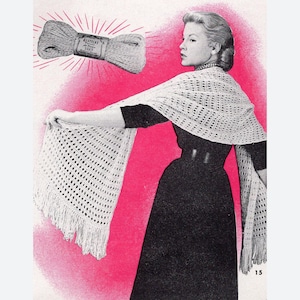 Modello di maglia vintage, stola / scialle con frange, circa 1958, download immediato del PDF