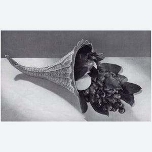 May include: A black and white photograph of a crocheted cornucopia filled with fruit. The cornucopia is made of yarn and has a scalloped edge. The fruit includes grapes, apples, and pears.