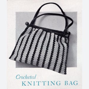 May include: Crocheted knitting bag pattern. The bag is black and white striped with a black handle and black beads on the ends of the handle. The pattern is available as an instant PDF download.
