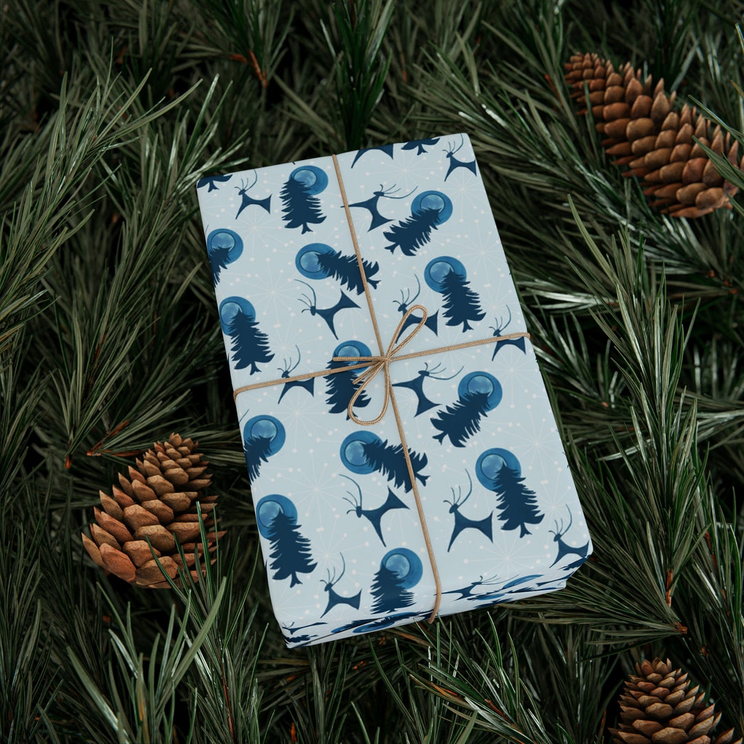 Winter Forest Fine Art Wrapping Paper, Forest Deer and Moon Gift Wrap