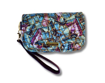 Handcrafted Quilted Wristlet Clutch - Butterfly Print in Gorgeous Blues, Purples and Gold