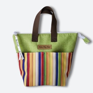 Machine Washable Insulated Lunch Bag, Green and Multi Stripes, Water Resistant Lining, with Pockets